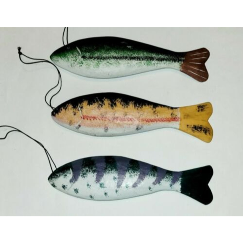 3 Ornamental Hanging Fish Sculptures  Decorative Multicolored Green 10" Long